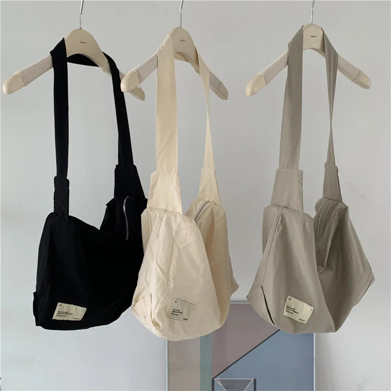 Canvas Shoulder Bag Large Capacity Wide Strap Solid
