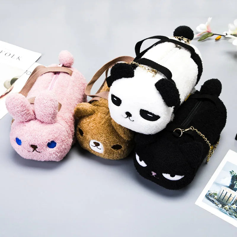 Women Cartoon Cat Small Handbag Girl Panda Plush Shoulder Bag