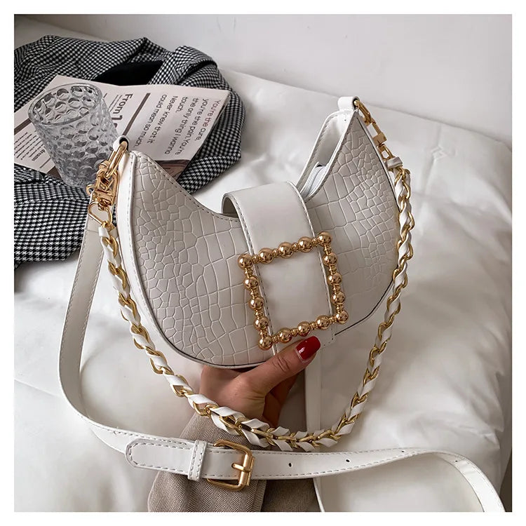 LADSOUL Crocodile Pattern Saddle Bags High PU Leather Handbag Chain Shoulder