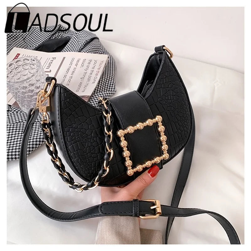 LADSOUL Crocodile Pattern Saddle Bags High PU Leather Handbag Chain Shoulder