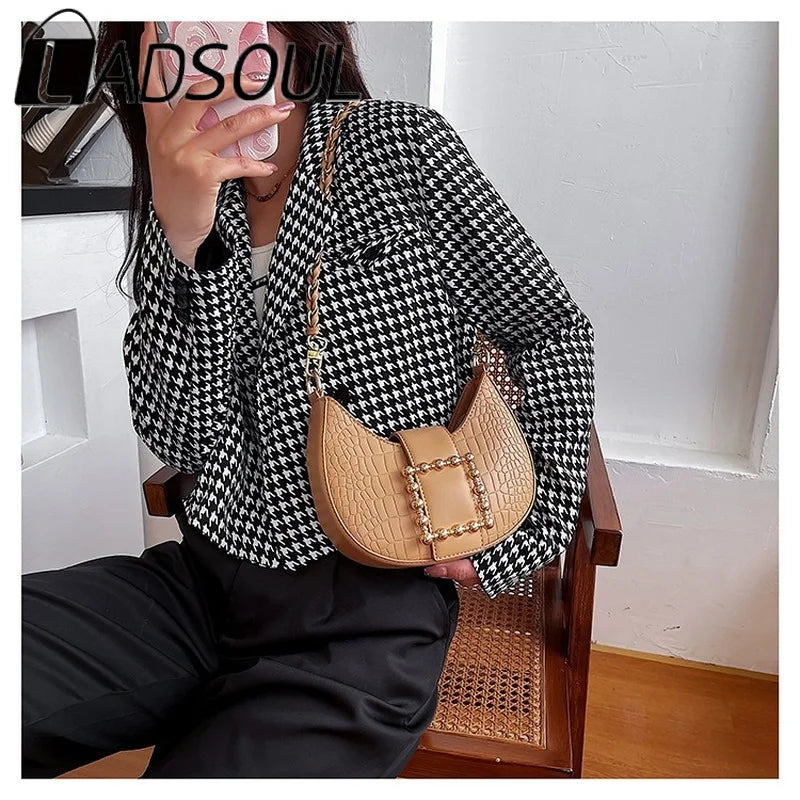 LADSOUL Crocodile Pattern Saddle Bags High PU Leather Handbag Chain Shoulder