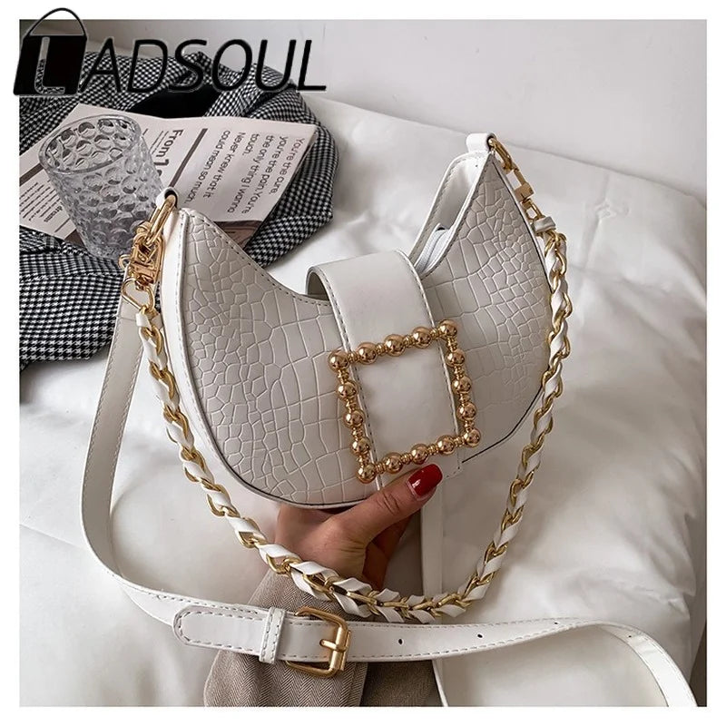 LADSOUL Crocodile Pattern Saddle Bags High PU Leather Handbag Chain Shoulder