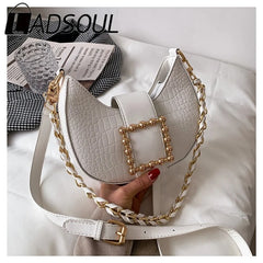 LADSOUL Crocodile Pattern Saddle Bags High PU Leather Handbag Chain Shoulder