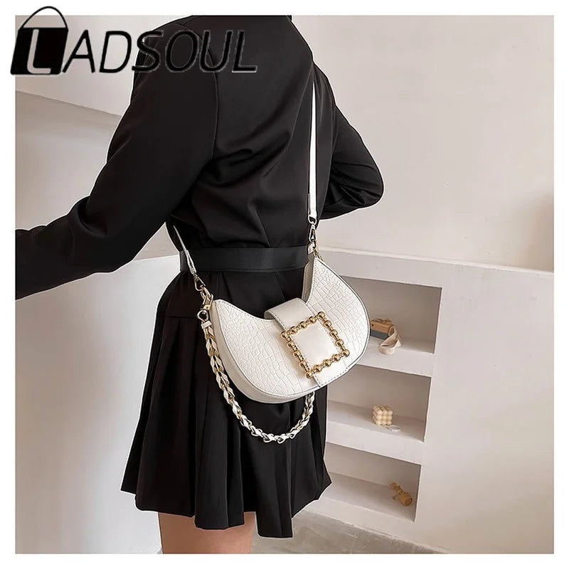 LADSOUL Crocodile Pattern Saddle Bags High PU Leather Handbag Chain Shoulder