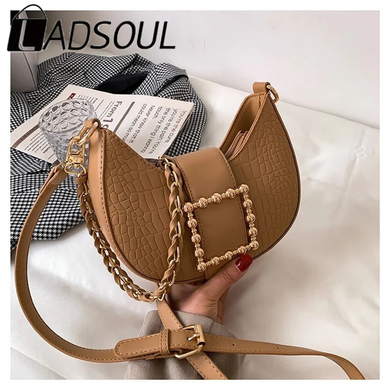 LADSOUL Crocodile Pattern Saddle Bags High PU Leather Handbag Chain Shoulder