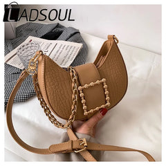 LADSOUL Crocodile Pattern Saddle Bags High PU Leather Handbag Chain Shoulder