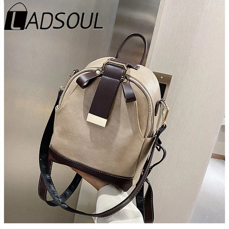 LADSOUL Leather Backpack PU School Bags For Women Vintage Shoulder Bag