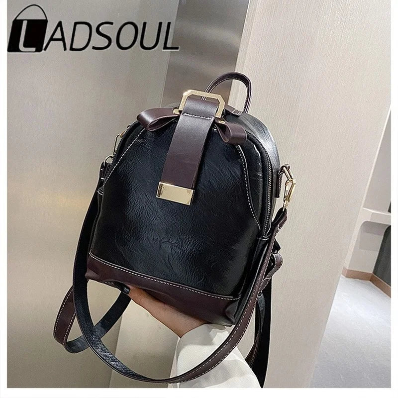 LADSOUL Leather Backpack PU School Bags For Women Vintage Shoulder Bag