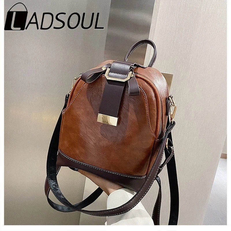 LADSOUL Leather Backpack PU School Bags For Women Vintage Shoulder Bag