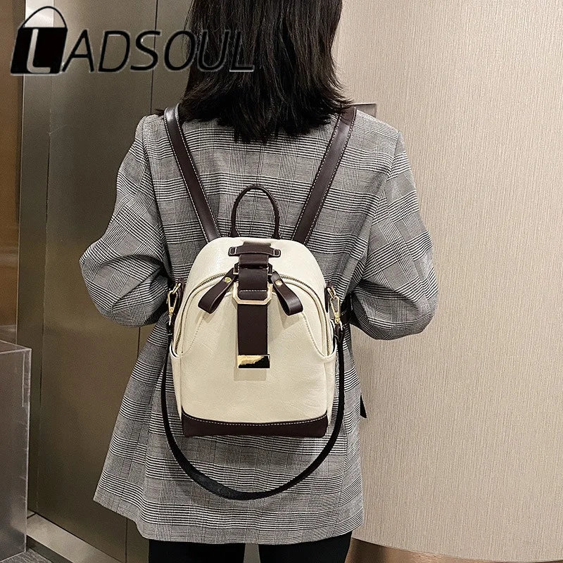 LADSOUL Leather Backpack PU School Bags For Women Vintage Shoulder Bag