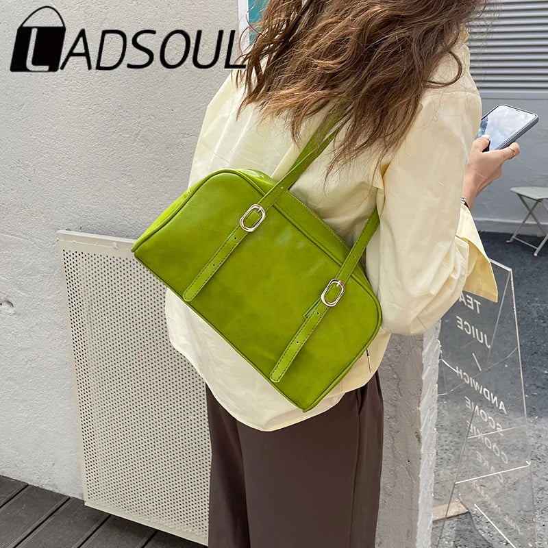 LADSOUL Women Green Casual Tote Shoulder Bag PU Leather Capacity Ladies Daily Pu