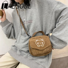 LADSOUL Embroidery Bear Canvas Crossbody Bag Small Square Phone Bag For Women