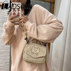 LADSOUL Embroidery Bear Canvas Crossbody Bag Small Square Phone Bag For Women