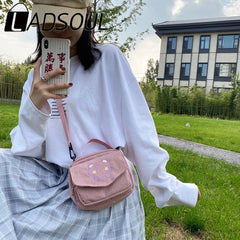 LADSOUL Embroidery Bear Canvas Crossbody Bag Small Square Phone Bag For Women