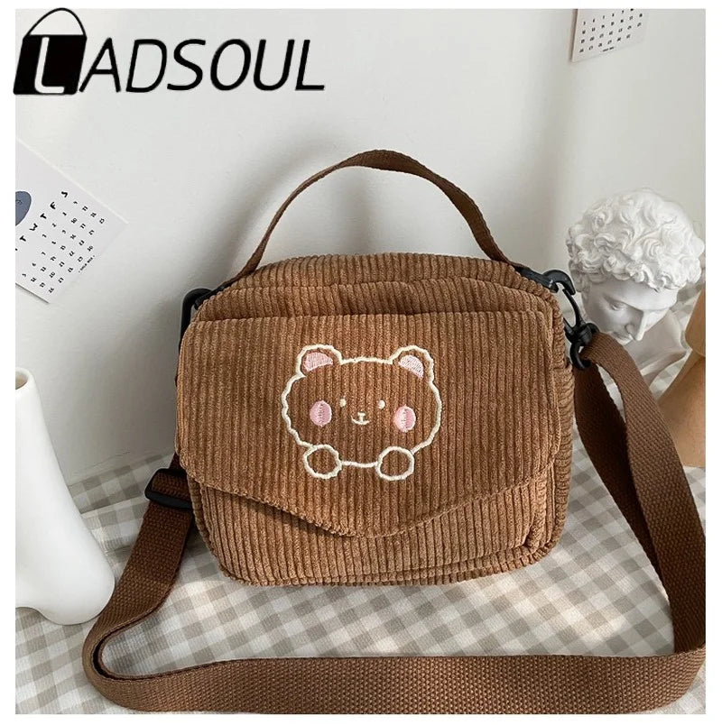 LADSOUL Embroidery Bear Canvas Crossbody Bag Small Square Phone Bag For Women