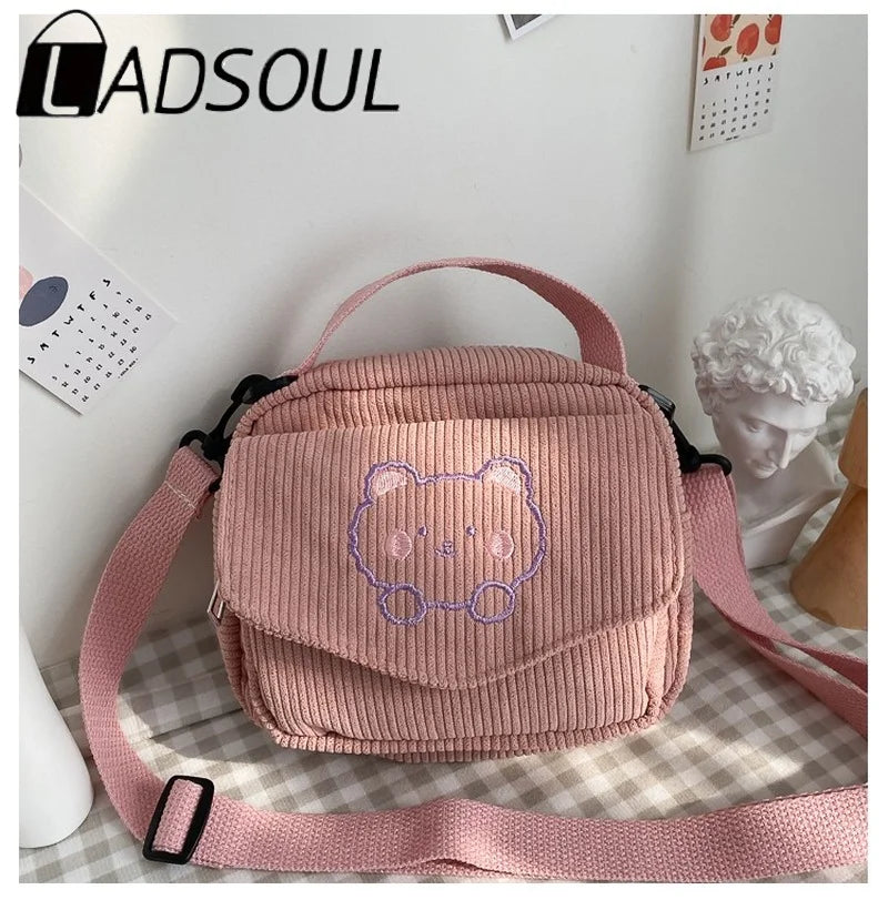 LADSOUL Embroidery Bear Canvas Crossbody Bag Small Square Phone Bag For Women