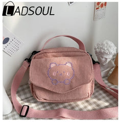 LADSOUL Embroidery Bear Canvas Crossbody Bag Small Square Phone Bag For Women