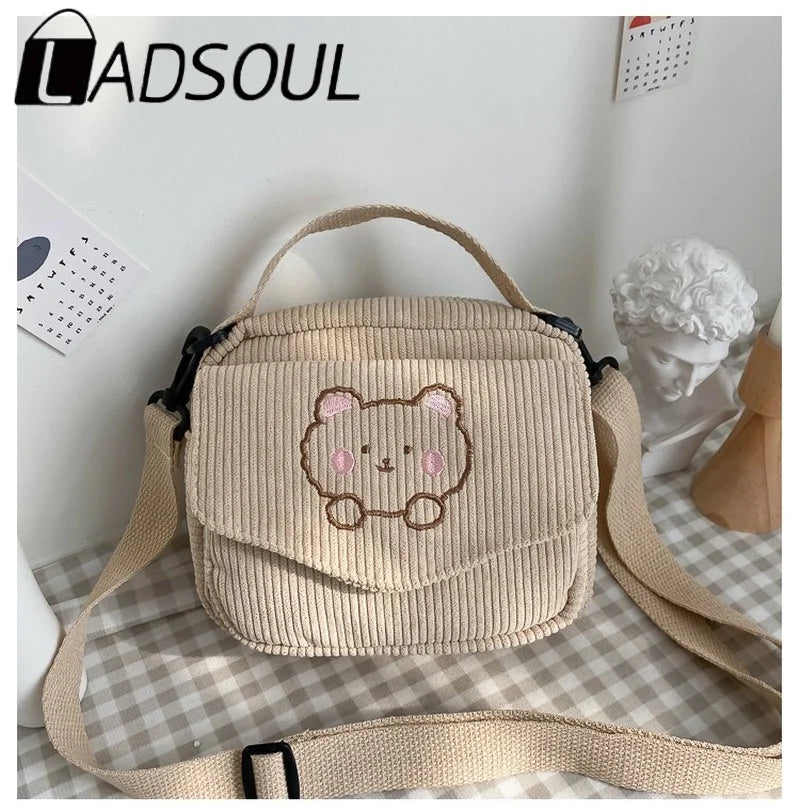 LADSOUL Embroidery Bear Canvas Crossbody Bag Small Square Phone Bag For Women