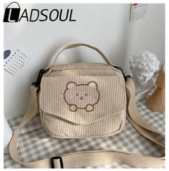 LADSOUL Embroidery Bear Canvas Crossbody Bag Small Square Phone Bag For Women