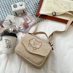 LADSOUL Embroidery Bear Canvas Crossbody Bag Small Square Phone Bag For Women
