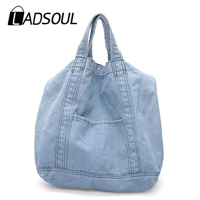 Large Canvas Denim Shopping Bag Neutral Unisex Shoulder Bag