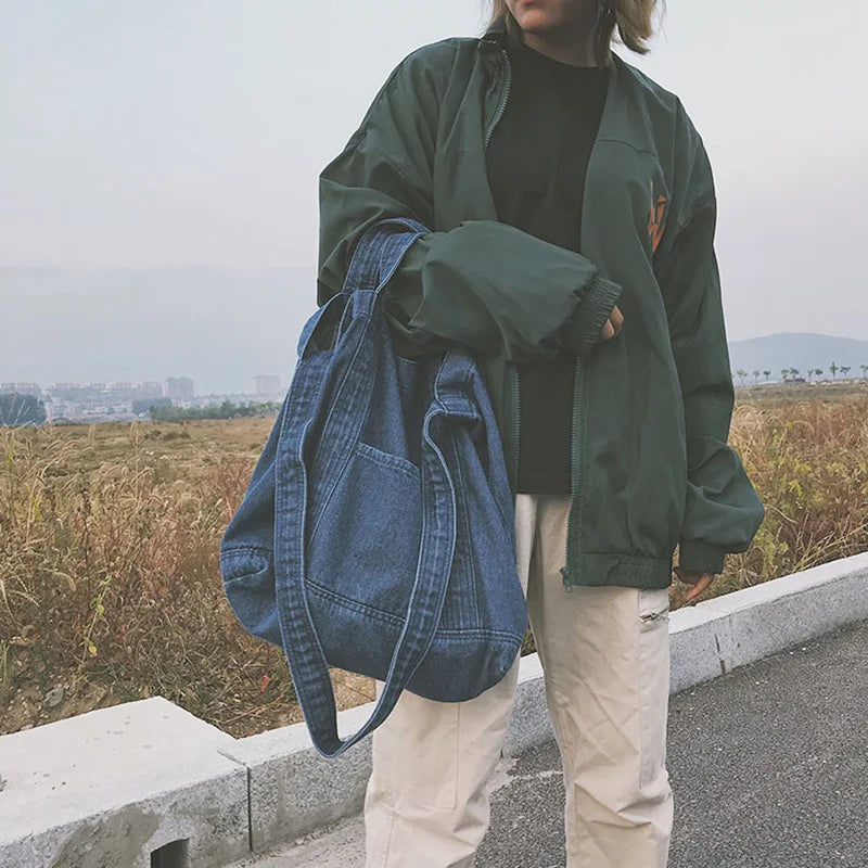 Large Canvas Denim Shopping Bag Neutral Unisex Shoulder Bag