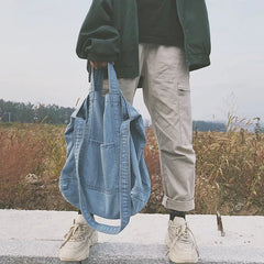 Large Canvas Denim Shopping Bag Neutral Unisex Shoulder Bag