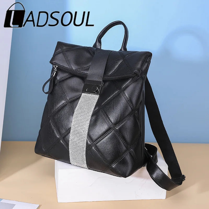 LADSOUL Retro Multifunction Backpack Women Solid Plaid Leather Backpack