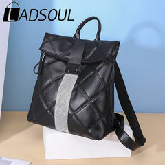 LADSOUL Retro Multifunction Backpack Women Solid Plaid Leather Backpack