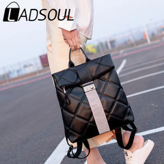 LADSOUL Retro Multifunction Backpack Women Solid Plaid Leather Backpack