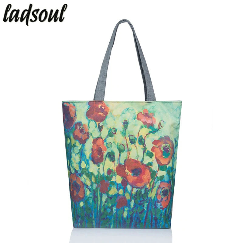 Canvas Flower Printing Large Capacity Shoulder Bag
