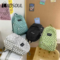LADSOUL Women Nylon Backpack Student Checkerboard Schoolbag Female Casual