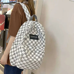 LADSOUL Women Nylon Backpack Student Checkerboard Schoolbag Female Casual
