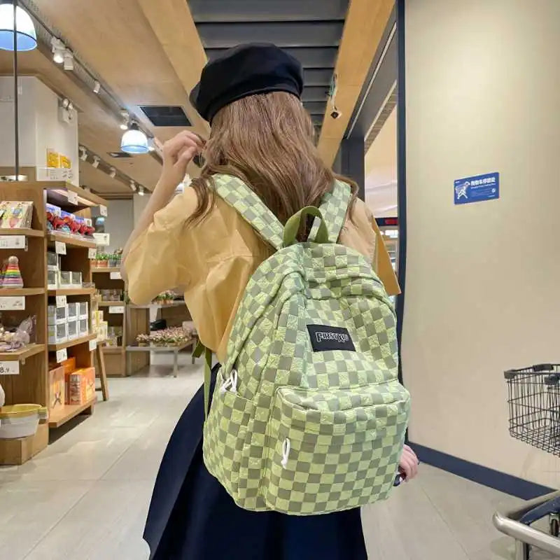 LADSOUL Women Nylon Backpack Student Checkerboard Schoolbag Female Casual