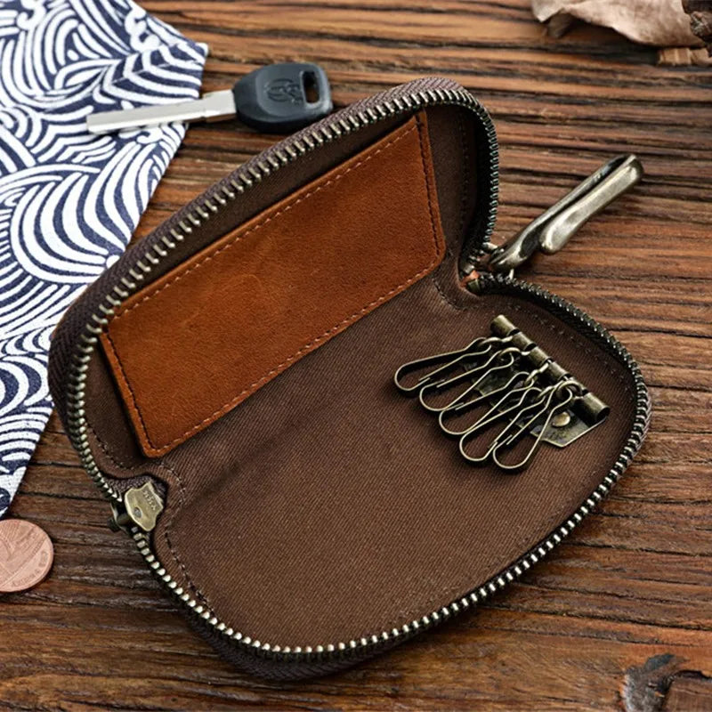 Vintage Cowhide Leather Key Wallet Male Key Holder Organizer Housekeeper Purse
