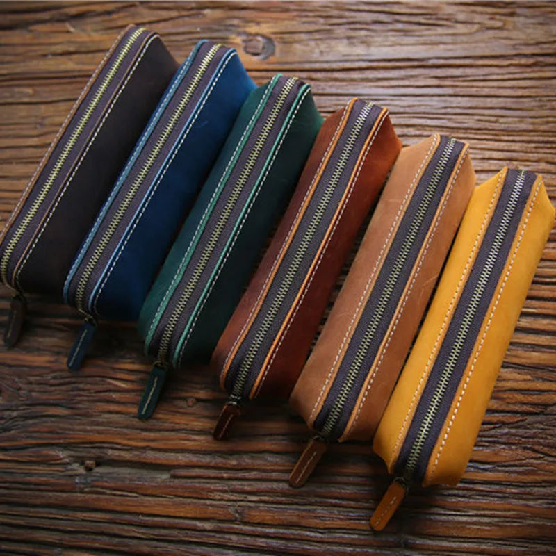 Vintage Leather Pen Bag Zipper Men Women Long Pencil Case Holder