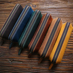 Vintage Leather Pen Bag Zipper Men Women Long Pencil Case Holder