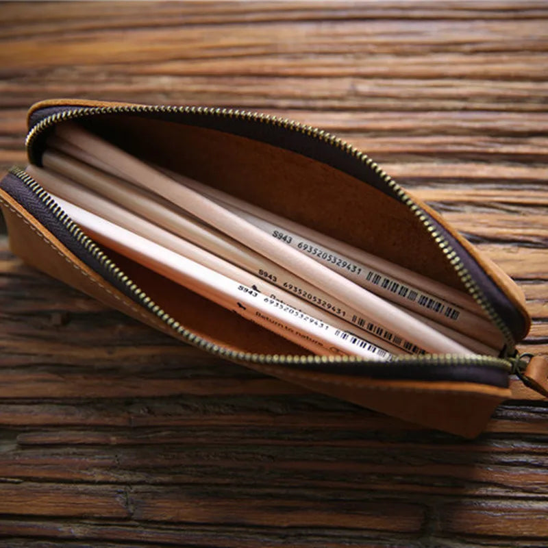 Vintage Leather Pen Bag Zipper Men Women Long Pencil Case Holder