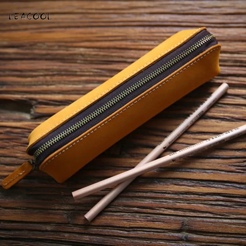 Vintage Leather Pen Bag Zipper Men Women Long Pencil Case Holder
