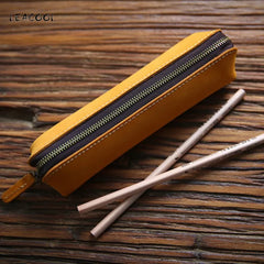 Vintage Leather Pen Bag Zipper Men Women Long Pencil Case Holder