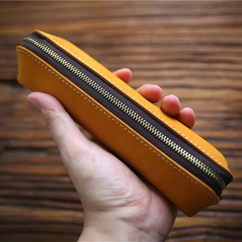 Vintage Leather Pen Bag Zipper Men Women Long Pencil Case Holder
