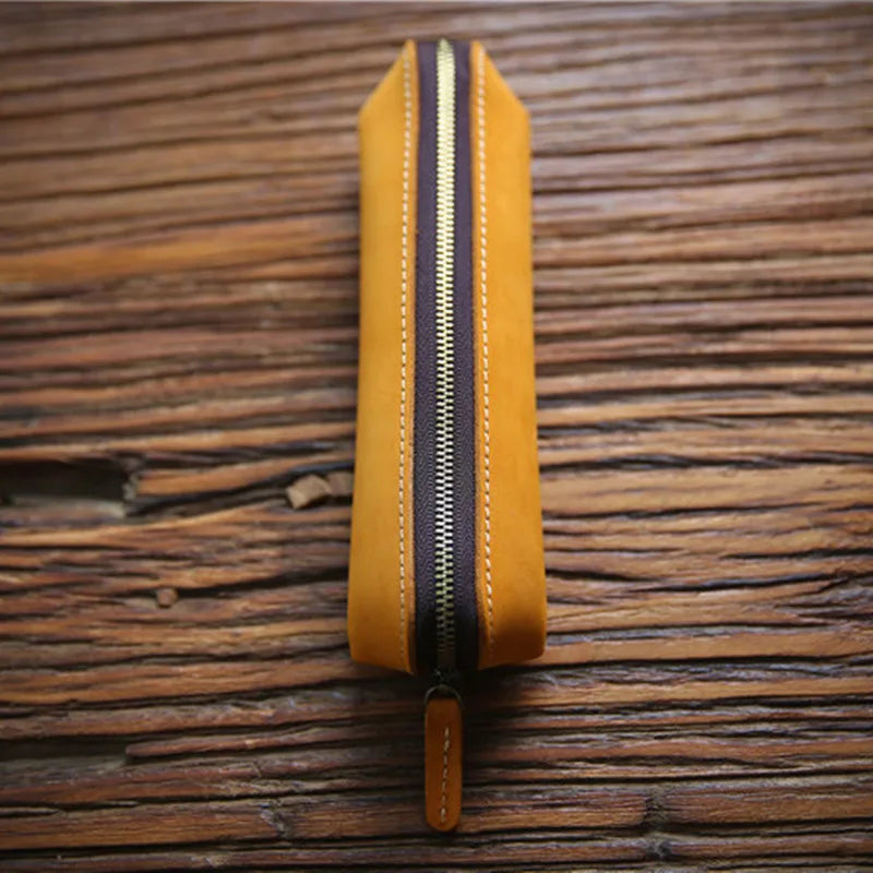 Vintage Leather Pen Bag Zipper Men Women Long Pencil Case Holder