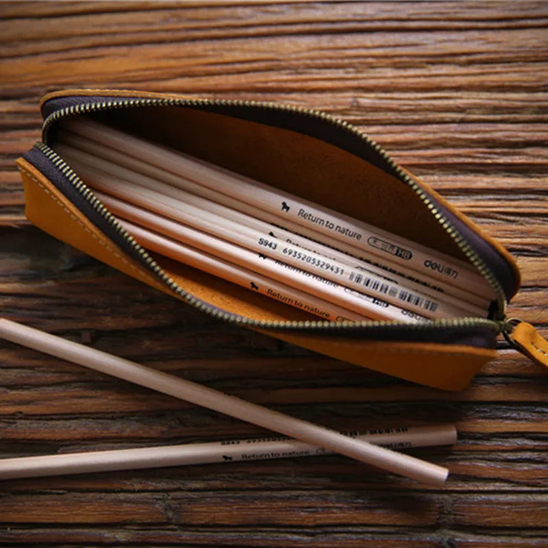 Vintage Leather Pen Bag Zipper Men Women Long Pencil Case Holder