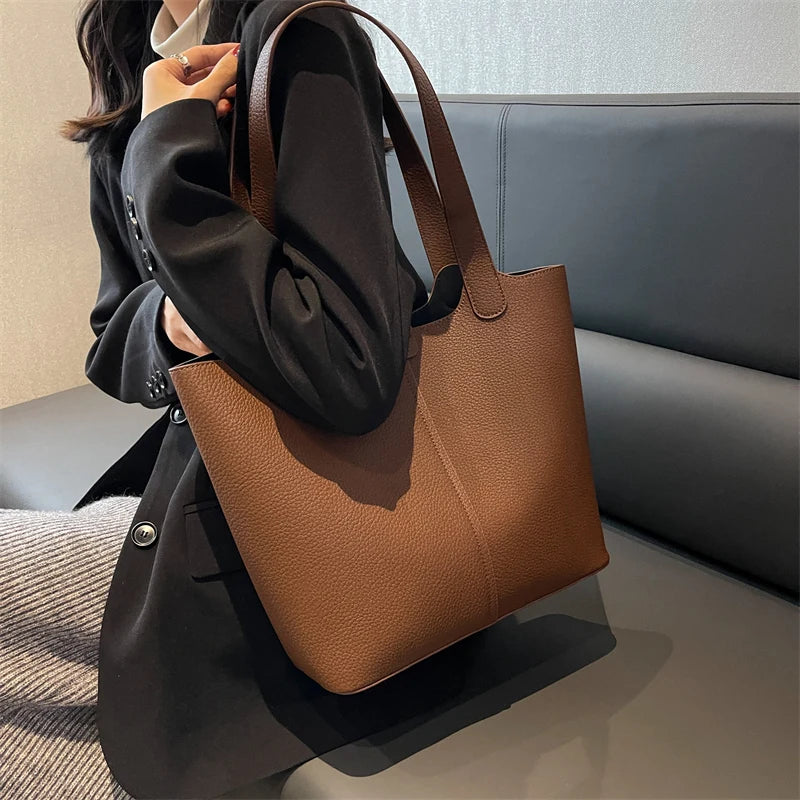 Vintage Leather Shoulder Bags for Women High Capacity Winter Bucket Handbags