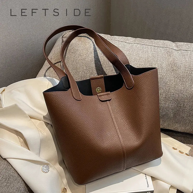 Vintage Leather Shoulder Bags for Women High Capacity Winter Bucket Handbags