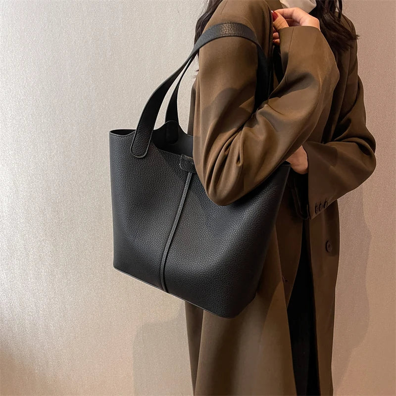 Vintage Leather Shoulder Bags for Women High Capacity Winter Bucket Handbags