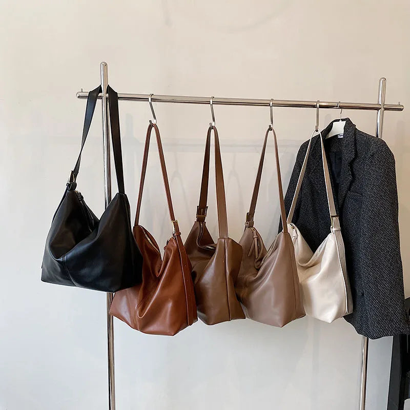 Large Leather Bucket Bag Vintage Style Hobo Crossbody