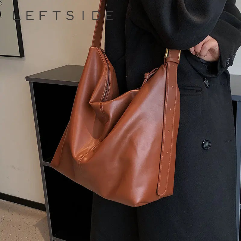 Large Leather Bucket Bag Vintage Style Hobo Crossbody