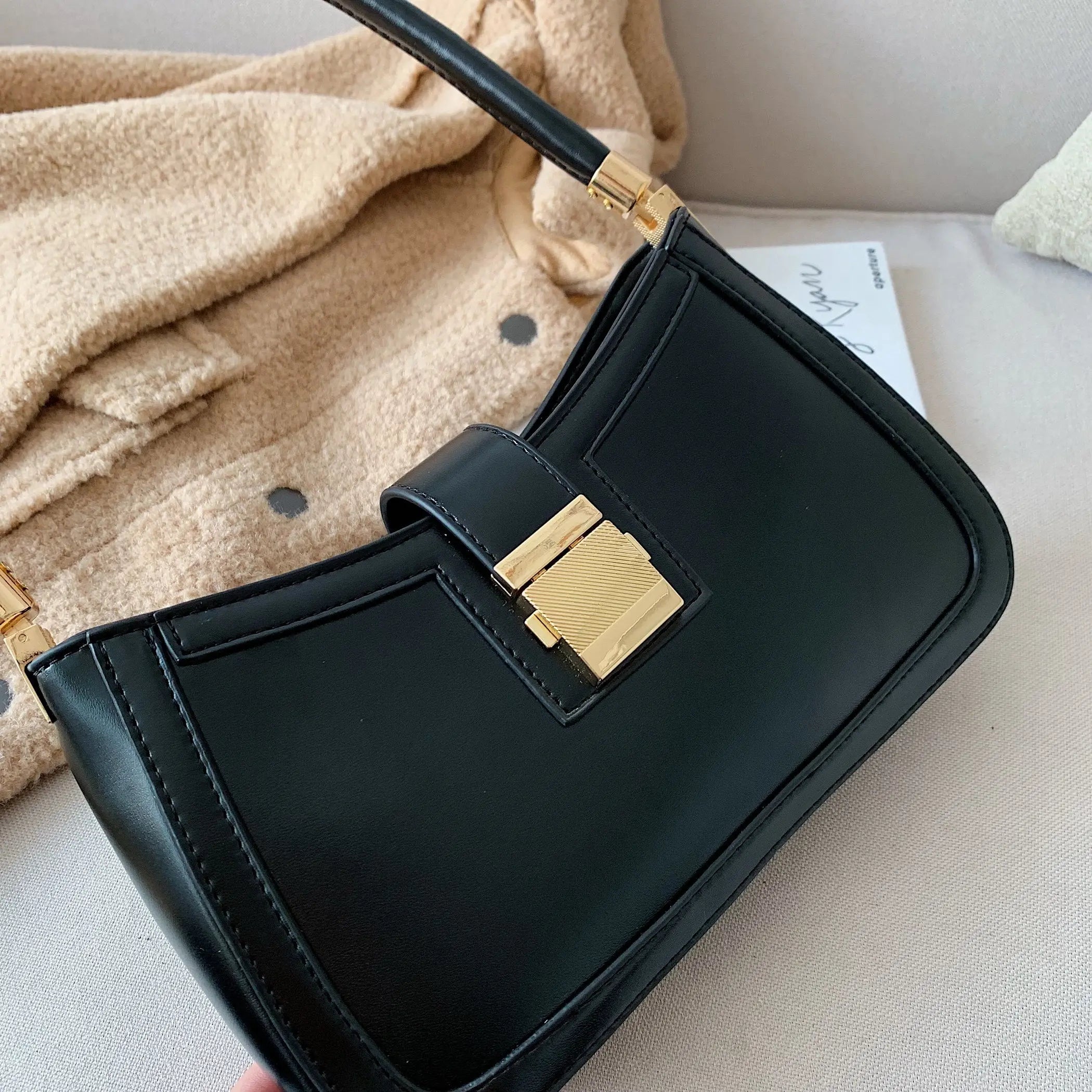 LEFTSIDE Shoulder Bags For Women Solid PU Leather Lock Handbags Small Purse