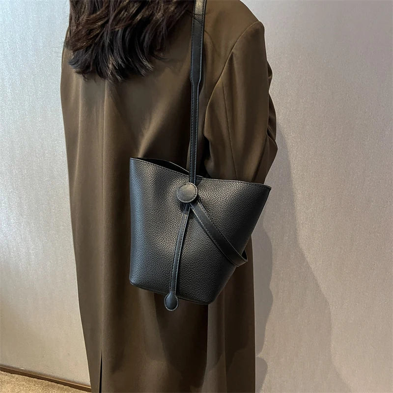 Small Bucket Crossbody for Women Vintage PU Leather Handbags Solid Shoulder Bag
